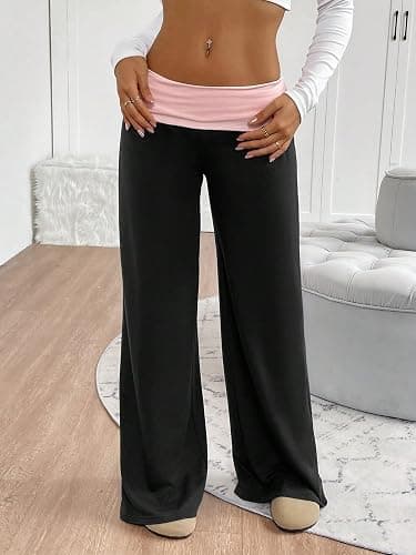 Seyurigaoka Fold Over Flare Legging for Women Low Rise Wide Leg Foldover Yoga Pants Bell Bottoms Teen Girls Cute Sweatpants thumbnail 6