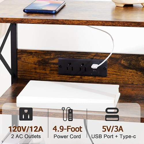 AMHANCIBLE Record Player Stand with Charging Station, Turntable Stand with Storage Cabinet, 3 Tier End Table Hold Up to 200 Albums, Record Stand for Vinyl, Living Room, Rustic Brown, HETCD01BR-1 - Brown - W 15.75" x D 11.41" thumbnail 5