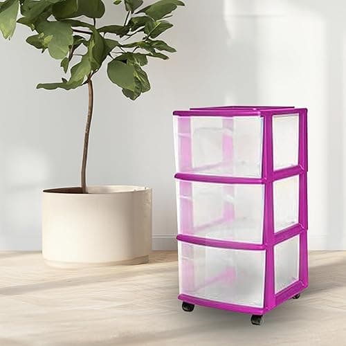 HOMZ Drawer Tower, 3-Tier Clear Plastic Storage Organizer Cart, Purple Frame - Rolling Drawer Containers with Wheels for Bathroom, Bedroom, Office, and Classroom Organization - Purple - 1 Pack thumbnail 2