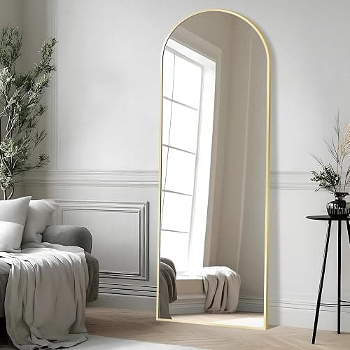 55x20" Arched Full Length Mirror with Stand, Gold Long Floor Mirrors, Full Body Dressing Mirror Over The Door, Tempered Glass Safety Wall Mirror for Bedroom, Living Room, Bathroom, Entryway Decor - Image 1