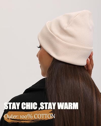Satin Lined Knit Beanie Hat-100% Cotton Winter Hats for Women Men Silk Lining Soft Slouchy Warm Cuffed Beanies Hat thumbnail 3