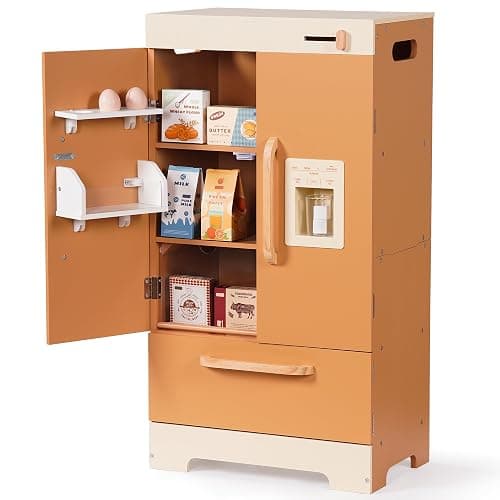 ROBOTIME Kids Wooden Refrigerator, Play Kitchen Fridge for Toddlers, Toy Fridge with Ice Maker and Food Accessories, Pretend Play Kitchen Toy for Boys & Girls Ages 3+ - Image 1