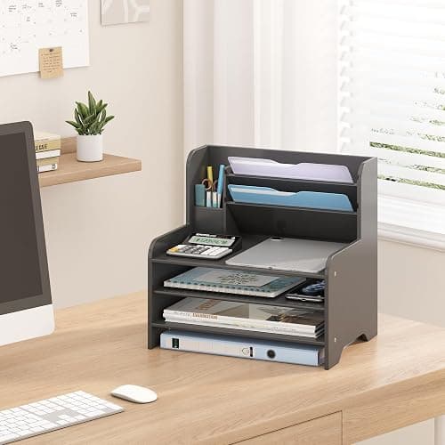 Desk File Organizer - 6-Tier Desktop Mail Letter Tray Paper Document Organizer with Pen Holder for Home Office Supplies, Office Desk Accessories & Workspace (Black) thumbnail 5