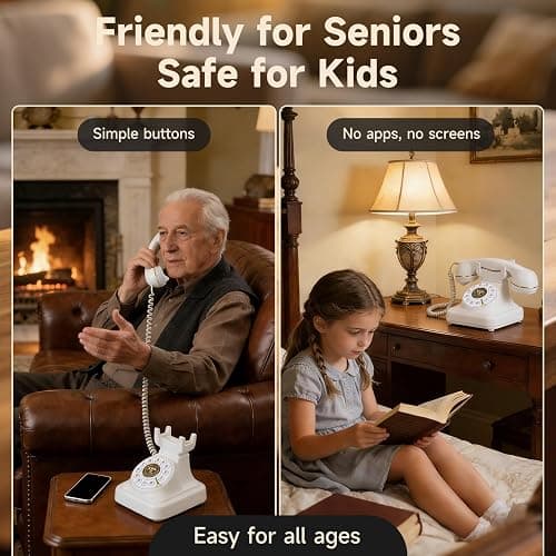 Bluetooth Retro Landline Phone for Cell Phone, Rotary Home Phones, White | Vintage Old Fashioned Telephone with Speakerphone & Volume Control, Wireless Rechargeable Telephone for Bedroom, Home Office thumbnail 7