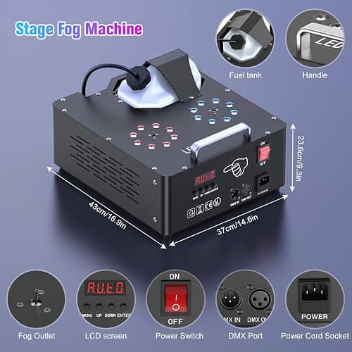 2000W Professional Fog Machine with Lights,Dual Nozzle 8+8 RGB 3W LED Lights Wireless/Manual/DMX Control Adjustable Smoke Direction, 2.5L Tank LCD Display 30000CFM for Halloween Christmas Wedding-1PC thumbnail 6