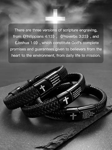 Black Cross Cuff Bracelet for Men,Stainless Steel Braided Leather Bible Verse Bracelet with Joshua 1:9 Inspirational Faith Gift for Dad,Brother,Son,family,Religious Baptism and Confirmation Gifts thumbnail 5