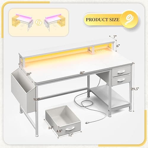 DurayLoly 40" Computer Desk with LED Strip, Gaming Desk with Drawers & Storage Bag, Office Desk with Power Outlets & Monitor Stand, Home Office Desks for Bedroom, Gaming Room, White thumbnail 3