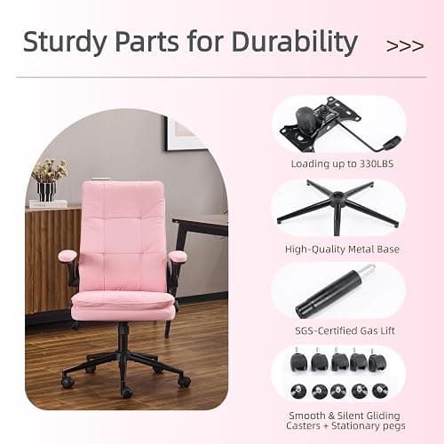 VINGLI Comfy Pink Leather Office Desk Chair,High-Back Ergonomic Computer Small Gaming Chair with/No Wheels,Adjustable Height,Flip-Up Arms,360° Swivel for Vanity,Home Office,Adults,Teen,Girls&Women thumbnail 7