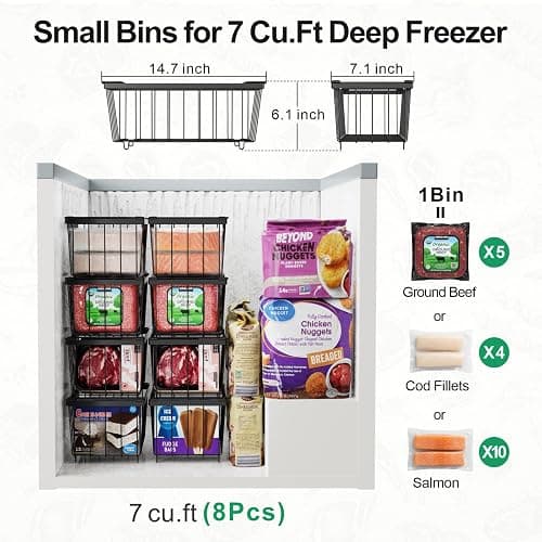 iSPECLE Freezer Storage Bins - 6 Pack Small Stackable Deep Freezer Organizer Bins for Most 7 Cu.FT Chest Freezer Sort Frozen Food, Freezer Basket with Handles Easy to Get Food from Bottom, Black thumbnail 2