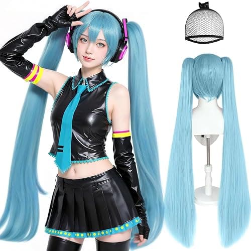 BESTBEL+Hair Cap 48 inch 120 cm Blue Wigs With Bangs Long Blue Wigs With 2 Ponytails for Women Pigtail Wig for Halloween Cosplay Anime Costume Long Straight Wig Party Outfits Synthetic Hair - Image 1