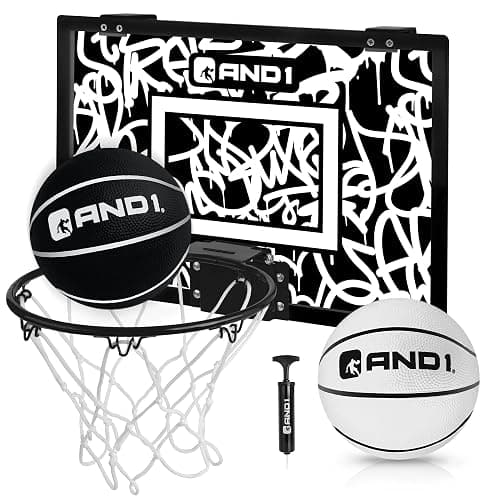 AND1 Over the Door Mini Basketball Hoop: 18x12 Shatterproof Backboard, 2 Mini Basketballs, and Hand Pump Included- Ultimate Indoor Basketball Accessory for Kids and Adults, No Tools Required - Image 1