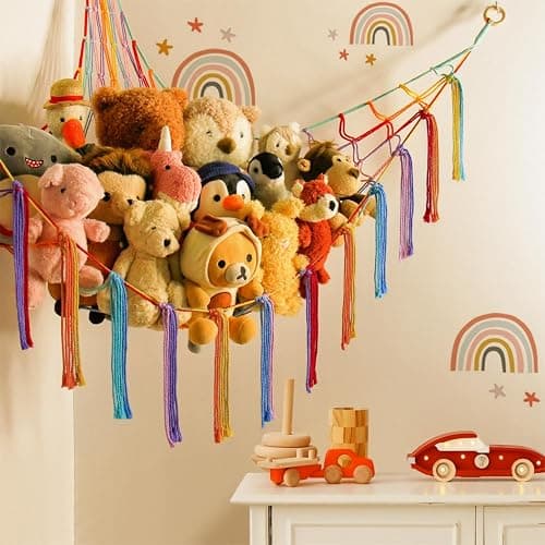 Stuffed Animal Hammock Corner Storage Net Cute Preppy Trendy Stuff Gifts for Teen Girls Baby Room Wall Nursery Decor Rainbow Color Colorful Unicorn Hanging Organizers XL Large thumbnail 2