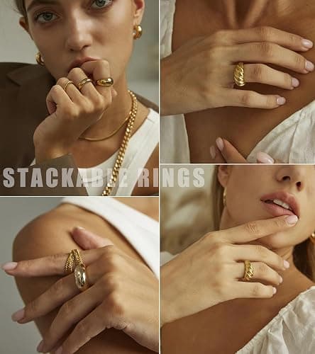 YEEZII Chunky Gold Rings for Women Non Tarnish, 18K Gold Plated Stackable Thumb Ring, Statement Women Rings Set thumbnail 7