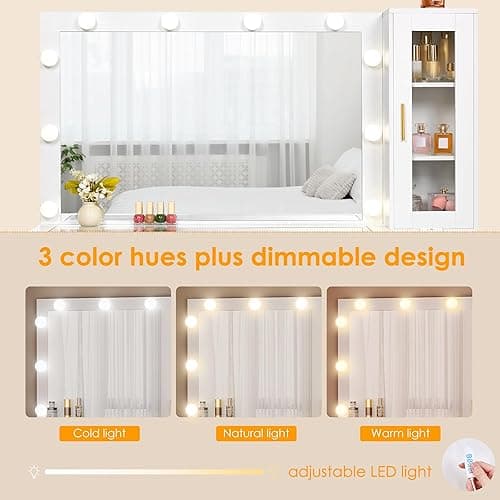BEWISHOME 49.2" Large Vanity Desk with Mirror and Lights,White Makeup Vanity Table with Glass Top,Stool,Makeup Desk with Power Outlet,5 Drawers,Nightstand,Dressing Table for Bedroom Women FST34W thumbnail 5