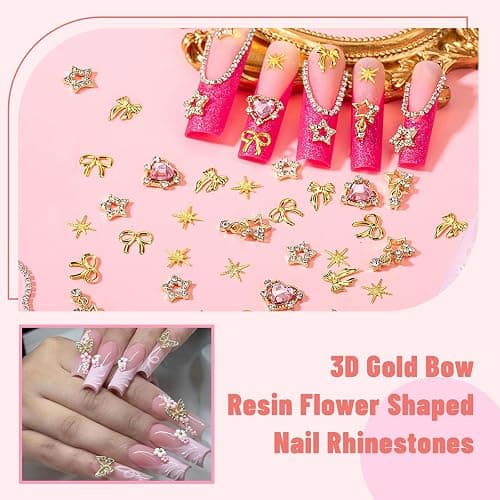 VelvetGlow 3D Nail Charms and Nail Gems, Cute Nail Rhinestones and Charms Y2K for Nails Nesign,Variety Butterfly Bow Moon Star Flower Junk Case Charms Gold Pearls Nail Jewels for Nail Art thumbnail 2