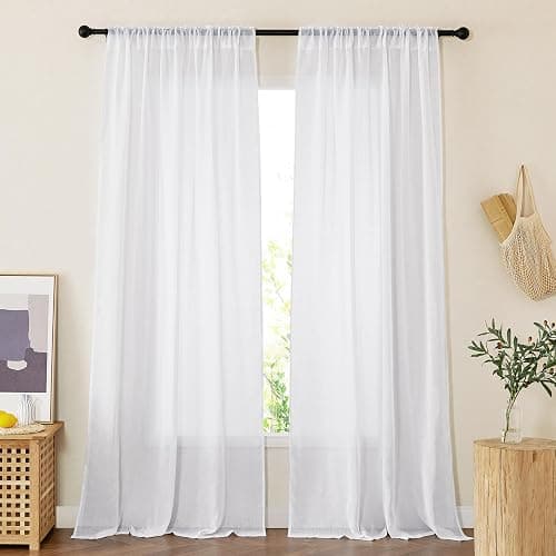 NICETOWN White Linen Sheer 120 inch Curtains for Living Room, Rod Pocket & Back Tab Semi Sheer Window Treatment Privacy with Light Filtering for Farmhouse/Bedroom, W52 x L120, 2 Panels thumbnail 4