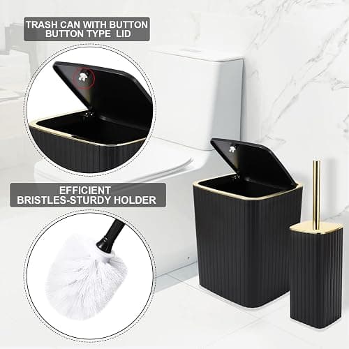 XLHOMO Bathroom Accessories Set - Gorgeous Bathroom Set, 10PC Bathroom Accessory Set, Toilet Brush, Trash Can, Qtip Holder Dispenser & Soap Dispenser - Black&Golden - Bath Set thumbnail 6