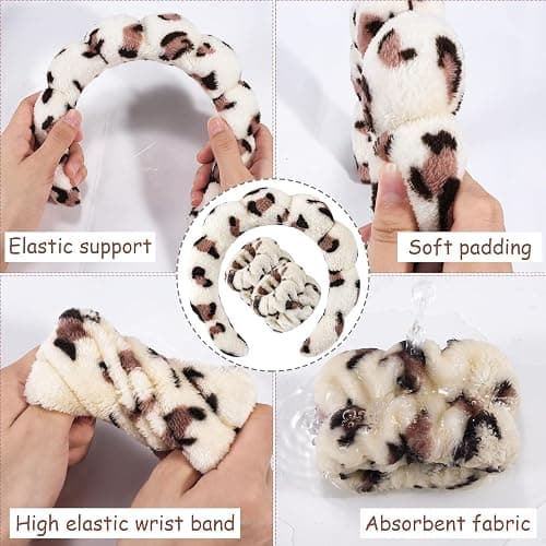 Zkptops Spa Headband for Washing Face Wristband Set Sponge Makeup Skincare Headband Wrist Plush Bubble Get Ready Hairbands for Women Puffy Headwear Non Slip Thick Thin Hair Accessory(Beige Leopard) thumbnail 5