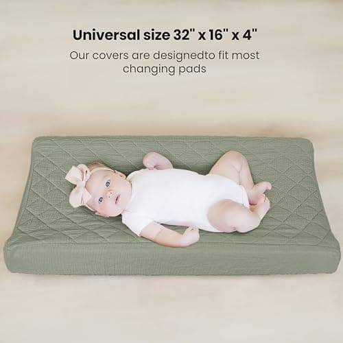 Konssy Waterproof Muslin Changing Pad Cover 2 Pack, Quilted Cotton Fitted Diaper Chang Table Cover, Soft Changing Pad Sheets for Girls Boys (Fog Green,Cream) thumbnail 5