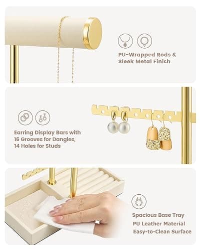 Lolalet 3 Tier Jewelry Stand Holder, Bracelet Necklace Display -Beige | PU Leather Hanging Jewelry Rack with Storage Tray, Ring Watch Bangle Earring Organizer, Gifts Dorm Room Decor for Women Girls thumbnail 5
