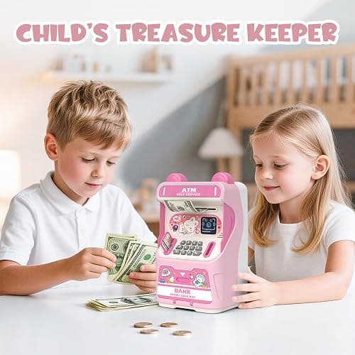 Rabbit ATM Piggy Bank for Girls with Automatic Bill Roller, Electronic Coin Bank with Simulated Card Slot & Facial Recognition, ATM Money Saving Box with Music Function for Kids(Pink) thumbnail 2