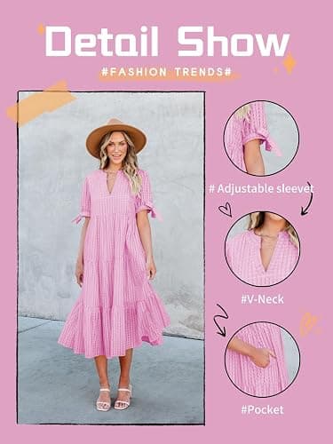 Theenkoln Womens Casual Midi Dress: Short Sleeve V-Neck Empire Waist Gingham Spring Fashion Long Trendy Tiered Formal Dresses thumbnail 4