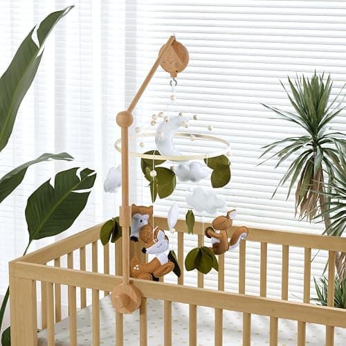 FEISIKE Woodland Animals Theme Bassinet Baby Nursery Mobiles with Modes Digital Music Box 3In1 Set-34 Inch Wooden Mobile Arm for Crib Mobile Hanger for Crib Baby Nursery Decor thumbnail 2