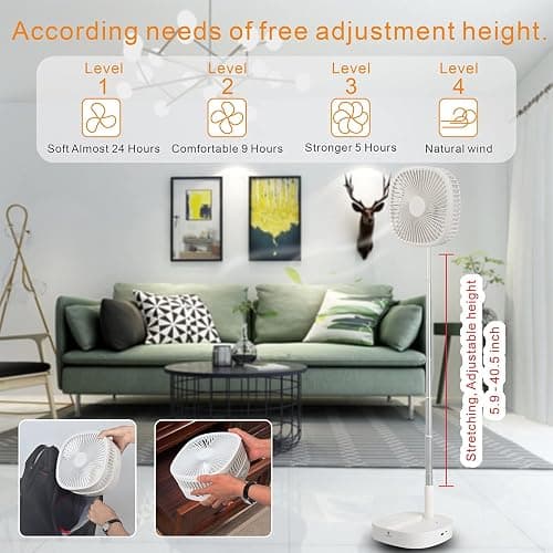 Magesh Portable Pedestal Fan - Foldaway Standing Fan Foldable Desk Fan, Use 7200Mah Rechargeable Battery, Remote Control Telescopic 4 Speed Quiet Timer Fan for Home Kitchen Outdoor Camping (White) thumbnail 5