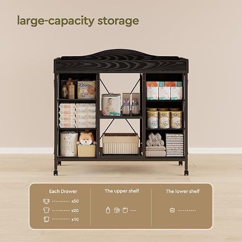 Yetom Changing Table, 6-Drawer Baby Dresser with Changing Table top,Waterproof Diaper Changing Station & Pad, 2 Height-Adjustable Open Storage Shelves, Mobile Nursery Organizer, Black thumbnail 6
