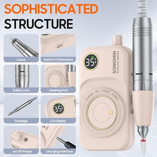 Professional Nail Drill 35000 RPM,SONGMIN Portable Cordless Efile with Bits Kit for Acrylic Nails Gel Polishing Removing,Rechargeable Electric Nail File Machine for Manicure,Pedicure Salon Home,Pink thumbnail 7