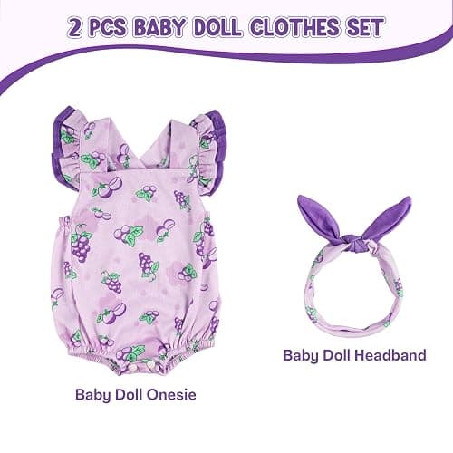 BABESIDE 2 Pcs Reborn Baby Doll Clothes Set for 17-22 Inch Babydolls, Fruit Pattern Baby Dolls Clothes Accessories with Headband for Realistic Babydoll Girl, Purple Grapes thumbnail 4