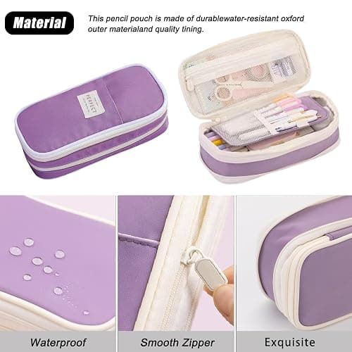 Large Capacity Pencil Case Organizer,Big Pencil Pouch with Zipper Compartments,Cute Pencil Case Aesthetic Pen Pouch Bag for Office Art (Purple) thumbnail 4