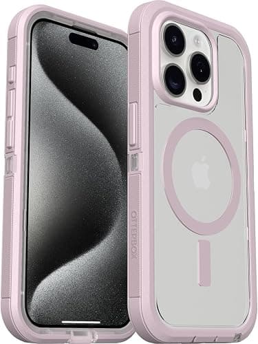 OtterBox iPhone 15 Pro Max Defender Series XT Case with MagSafe, Screenless, Rugged - Non-Retail Packaging - Clear/Pink - Image 1