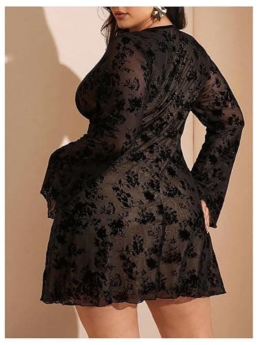 WDIRARA Women's Plus Size Floral Mini Dress Mesh Goth A Line Dresses | V Neck，Long Sleeve thumbnail 2