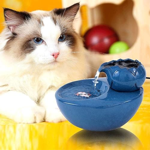 ROSE CREATE Ceramic Cat Drinking Water Fountain, 1.3 Liters Pet Water Fountains for Cats and Dogs, Electric Pet Water Dispenser with Quiet Pump and 5 Replacement Filters - Blue Lotus Style thumbnail 7