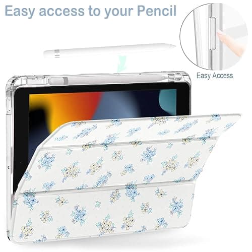 Feams for iPad 9th Generation Case, Trifold iPad 10.2 Case Clear Back Cover with Pencil Holder & Auto Sleep/Wake for iPad 9th/8th/7th Generation 2021/2020/2019, Blue Blossom thumbnail 5
