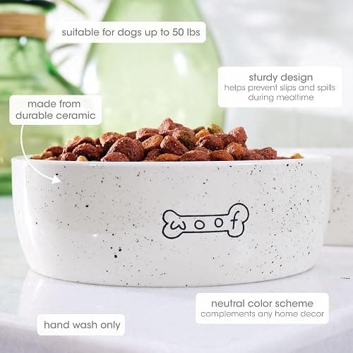 Pearhead Ceramic Dog Bowl – “Woof” Speckled Pet Food & Water Dish, Durable Stoneware, Non-Slip Heavy Base, 20 oz, Medium thumbnail 2