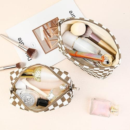 SOIDRAM 2 Pcs Checkered Makeup Bag Large Cosmetic Bag Toiletry Bag Makeup Pouch Travel Bag Organizer Cute Makeup Brushes Aesthetic Accessories Storage Bag for Women Coffee Brown thumbnail 4
