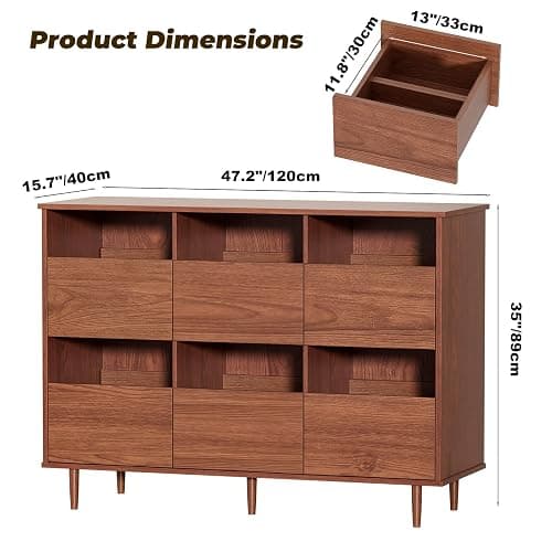 BROTTAR 47.2" Large Record Player Stand, Vinyl Record Storage Cabinet,Brown | Fit 7“/10"/12" Vinyl Record, Mid Century Turntable Stand, Media Cabinet with 6 DVD Drawers for Living Room, Music Corner thumbnail 2