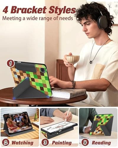 Miss Adola for iPad Air 13 Inch M3 2025 & M2 2024 Case for iPad Pro 12.9 inch 2022/2021/2020/2018 Case - Folio Protector Cover with Pencil Holder Cute Cool Cartoon for Boys Girls, Green Check thumbnail 4
