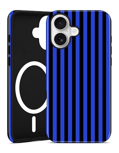 Aitipy Magnetic Striped Phone Case for iPhone 16 Plus, Black Blue | Compatible with MagSafe, Cute Stripes Aesthetic Design, TPU and PC Protective Shockproof Cover for Women Girls - Image 1
