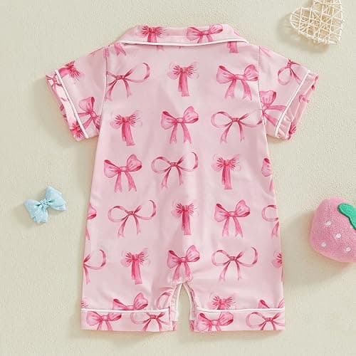 Newborn Summer Pajamas Baby Boy Girl Button Down Romper Cute Infant Sleepwear One-Piece Pjs - Bow&pink - 0-3 Months thumbnail 2