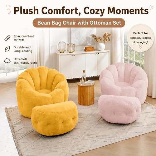 Mofolit 46" Oversized Flower Bean Bag Chair with Ottoman for Adults,Large Cozy Beanbag Chair with Artificial Rabbit Fur Fabric,Boneless Sofa for Living Room,Reading Room and Apartment. (Pink) thumbnail 3