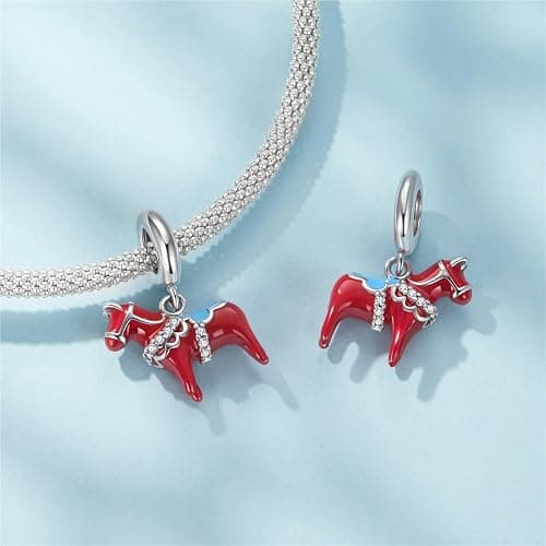 BRBRB Schwedischer Dalapferd-Charm aus 925er Sterlingsilber – rot oxidierte DIY-Perle mit 3A-Zirkonia, kompatibel mit Schmuck von Pandora, Biagi, Troll und Chamilia thumbnail 4