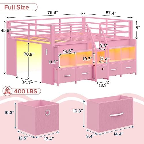 BYSAUD Full Low Loft Bed with 5 Storage Drawers and 6 Bookcases, Pink | Metal Loft Bed for Kids with LED Lights & Charging Station, 15" Safety Guardrail & Ladder, Under-Bed Play Space thumbnail 2
