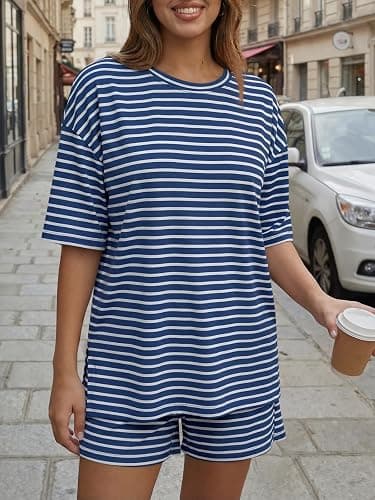 Trendy Queen Women's 2 Piece Summer Matching Set Lounge Wear with Pockets | Vacation Travel Outfit, Airport Resort Wear, Athleisure Clothing, Oversized Top & Loose Fit Shorts thumbnail 5