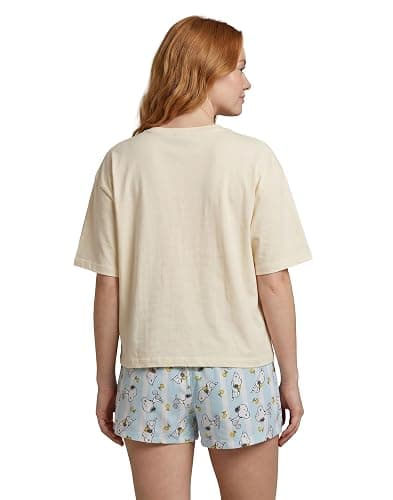 Peanuts Snoopy Women's Cream Short Sleeve Pyjama Set | Blue Lazy Days Shorts with Snoopy and Woodstock Print thumbnail 2