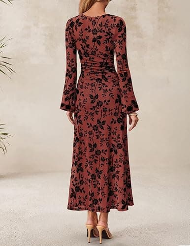 ZESICA Women's Long Sleeve Floral Bodycon Dress 2025 Fall Fashion Ruched Mesh Wedding Guest Cocktail Party Maxi Dresses thumbnail 4