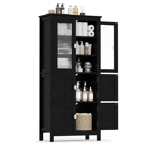 Akxomel 53.1" Tall Bathroom Storage Cabinet with 6 Doors and Adjustable Shlef, Bathroom Organizers and Storage, Linen Cabinet, Cupboard for Living Room, Kitchen, Entryway, Black - Image 1