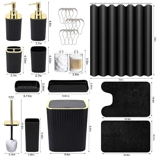 XLHOMO Bathroom Set with Shower Curtain and Rugs- 25PC Bathroom Accessory Set, Black Shower Curtain Set, Toilet Brush, Trash Can, Qtip Holder Dispenser & Soap Dispenser - Black&Golden - Bath Set+Shower Curtain+Bath Rugs thumbnail 3
